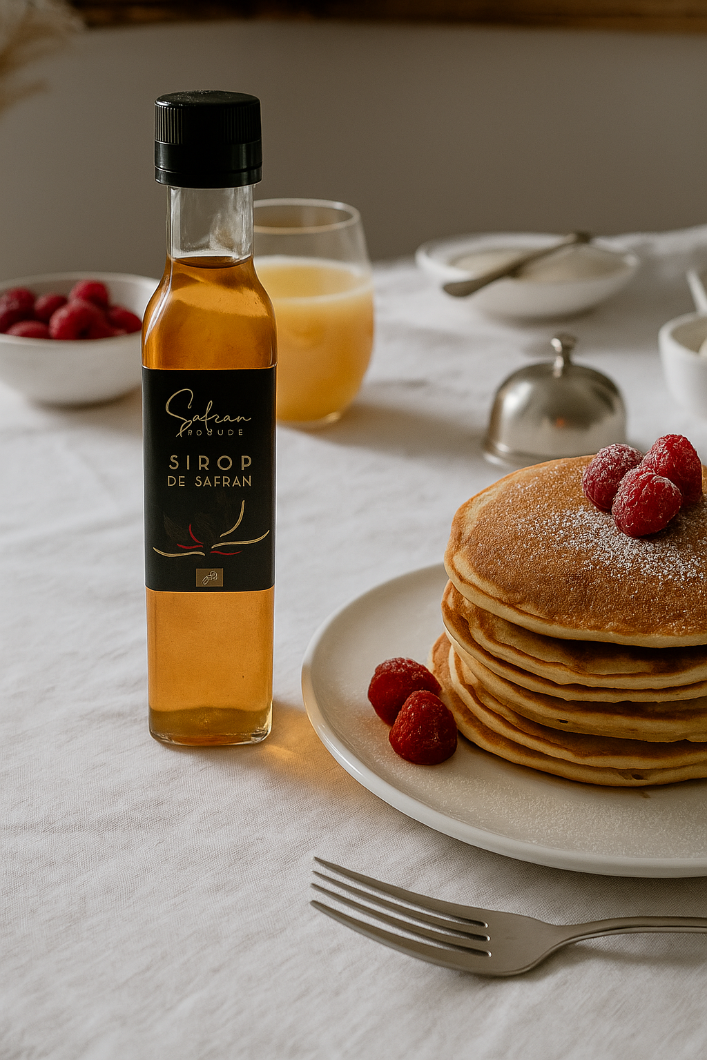 sirop de safran bio artisanal pour les pancakes, crêpes et gauffres