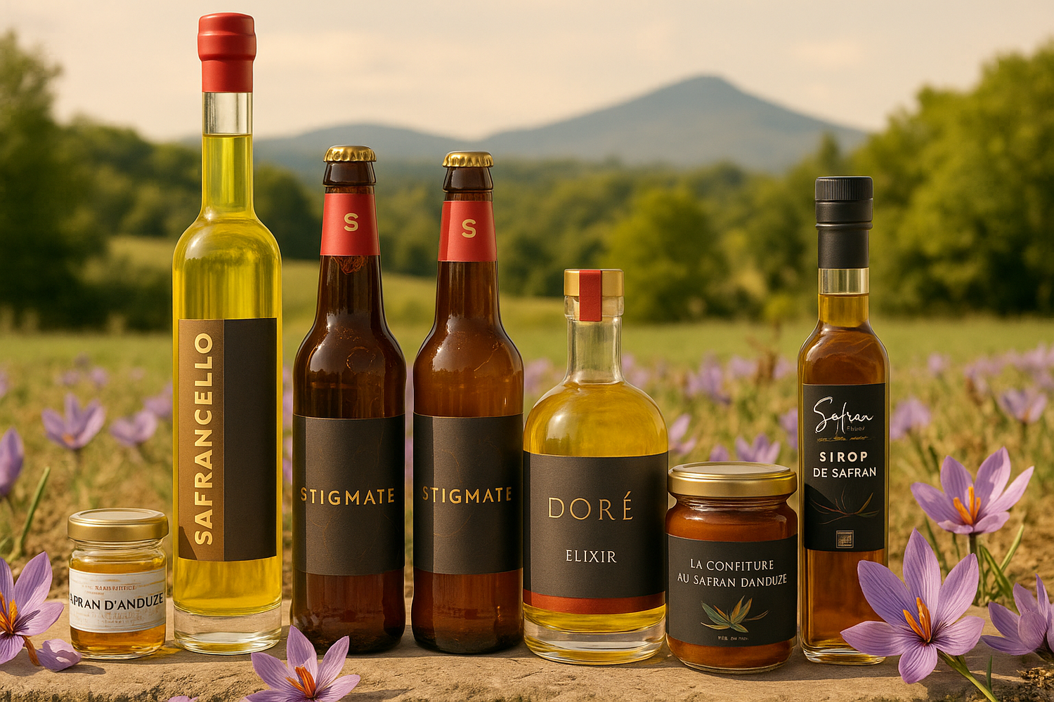 Safran bio francais et créations gourmandes au safran: sirop, miel, liqueurs, bières...