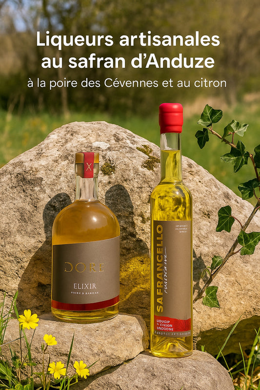 Liqueurs au safran bio - Liqueur de poires des Cévennes au safran bio d'Anduze - Safrancello des Cévennes, le limoncello au safran bio d'Anduze - Direct producteur