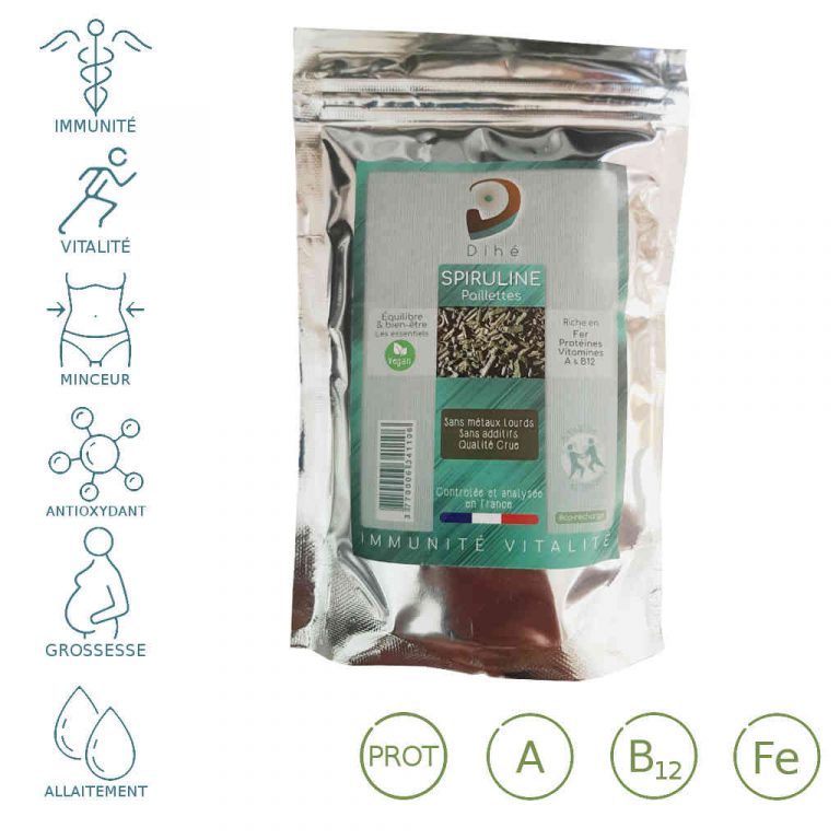 Paillettes de spiruline crue artisanale - Spiruline issue d'un programme solidaire - spiruline cultivée dans son environnement naturel - antioxydant - système immunitaire - grossesse - minceur - endurance - récupération