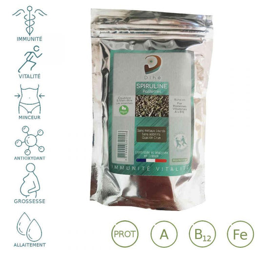 Paillettes de spiruline crue artisanale - Spiruline issue d'un programme solidaire - spiruline cultivée dans son environnement naturel - antioxydant - système immunitaire - grossesse - minceur - endurance - récupération